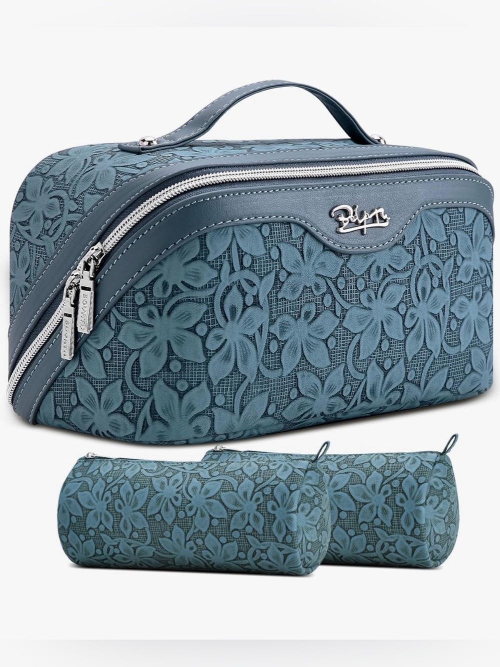 Boyatu Floral Embossed Blue Women’s Travel Cosmetic Bag Set